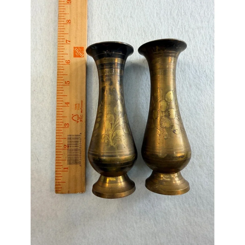 Vintage Brass Bud Vases Pair Made in India Engraved Floral 7